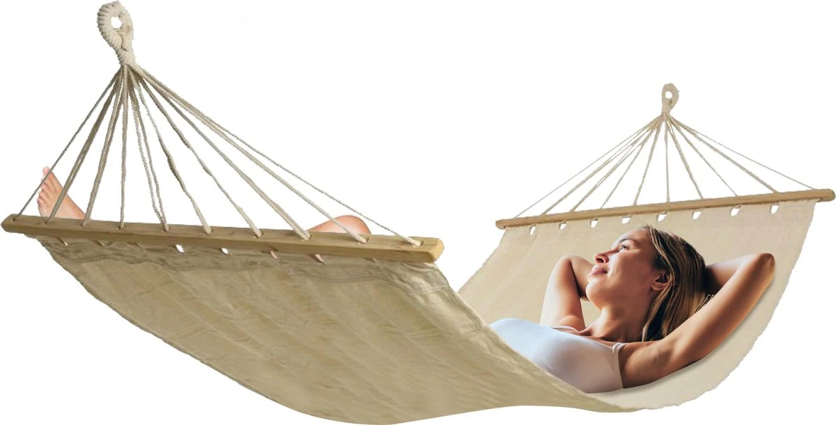 Merkloos Hangmat - Incl Bevestigingshaak - Met Spreidstok - Beige - Comfortabel - Met Karabijnhaak 2 Merkloos Hangmat - Incl Bevestigingshaak - Met Spreidstok - Beige - Comfortabel - Met Karabijnhaak - Afbeelding 2