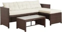 Teamson Home 3-Delig Hoek Loungeset - Tuinmeubelen - Tuinbank - Omvat Tafel En Kussens - Rotan - Bruin/Wit -Fijne Tuinmeubelwinkel 1200x626