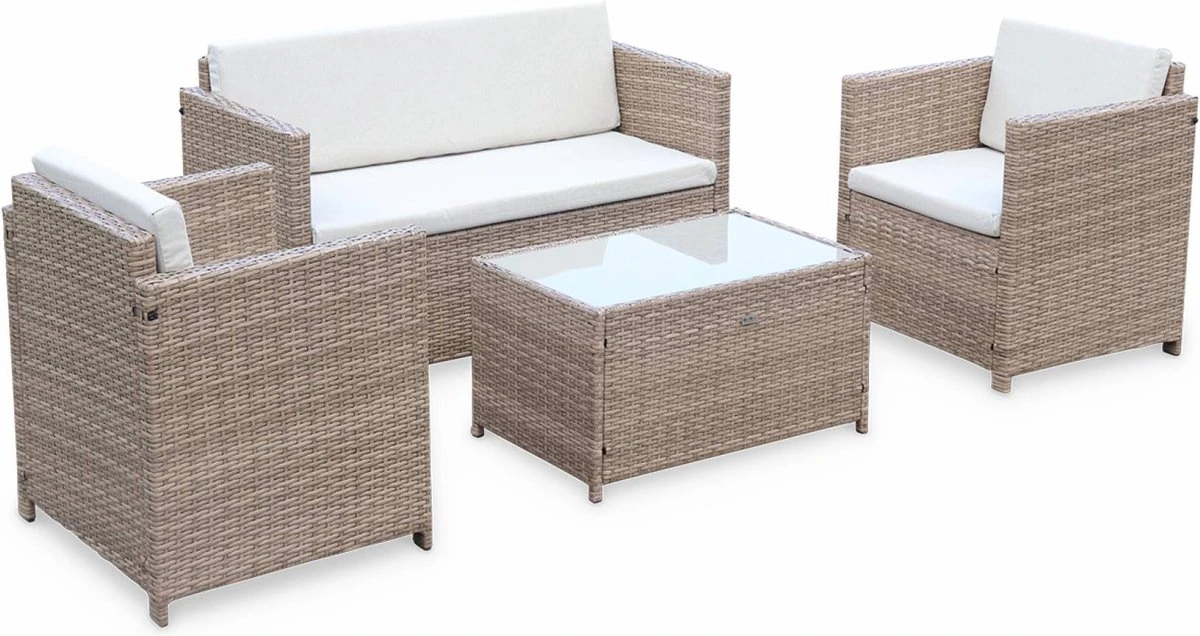 Alice's Garden Loungeset Perugia - 4 Plaatsen - Kleine Tuinset - Wicker - Naturel/beige 1 Alice's Garden Loungeset Perugia - 4 Plaatsen - Kleine Tuinset - Wicker - Naturel/beige