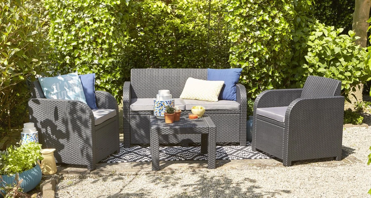 ALLIBERT Keter - Loungeset Carolina - 4-delig - Grafiet - Kussens Inclusief 1 ALLIBERT Keter - Loungeset Carolina - 4-delig - Grafiet - Kussens Inclusief