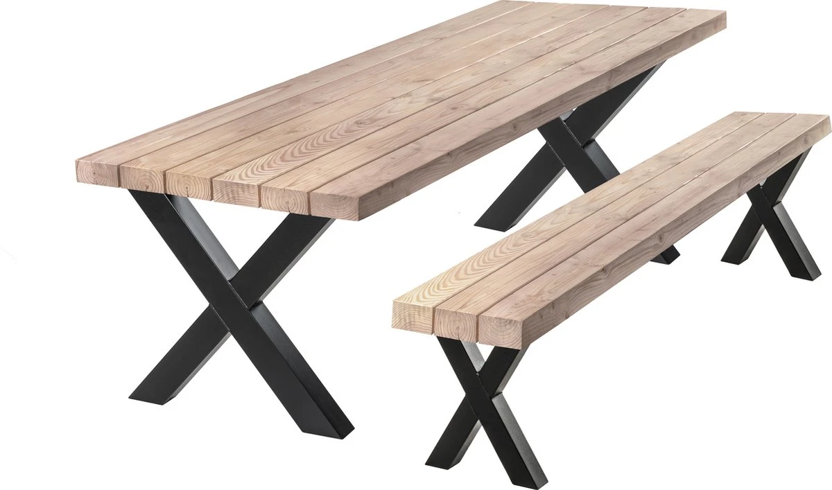 Douglas Tuinset - Tuintafel 220 X 90 + Tuinbankje - Stalen X Poten + Tijdelijk Gratis Onderhoudspakket - Inclusief Montage 1 Douglas Tuinset - Tuintafel 220 X 90 + Tuinbankje - Stalen X Poten + Tijdelijk Gratis Onderhoudspakket - Inclusief Montage