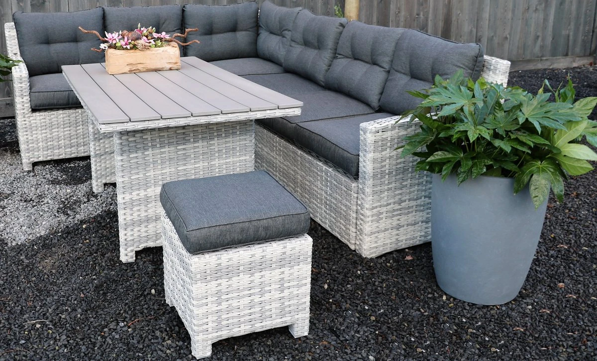 Merkloos Rivièra | Loungeset Hoekset Dining Set Tuinset | Wicker | Hoekbank, Hoge Tuintafel, 2 Hockers | 6 Zitplaatsen 4 Merkloos Rivièra | Loungeset Hoekset Dining Set Tuinset | Wicker | Hoekbank, Hoge Tuintafel, 2 Hockers | 6 Zitplaatsen - Afbeelding 4