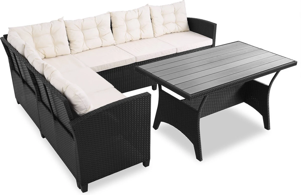 Casaria Polyrattan Tuinset - 15 Delig Voor 6 Personen – Crème Zwart 3 Casaria Polyrattan Tuinset - 15 Delig Voor 6 Personen – Crème Zwart - Afbeelding 3