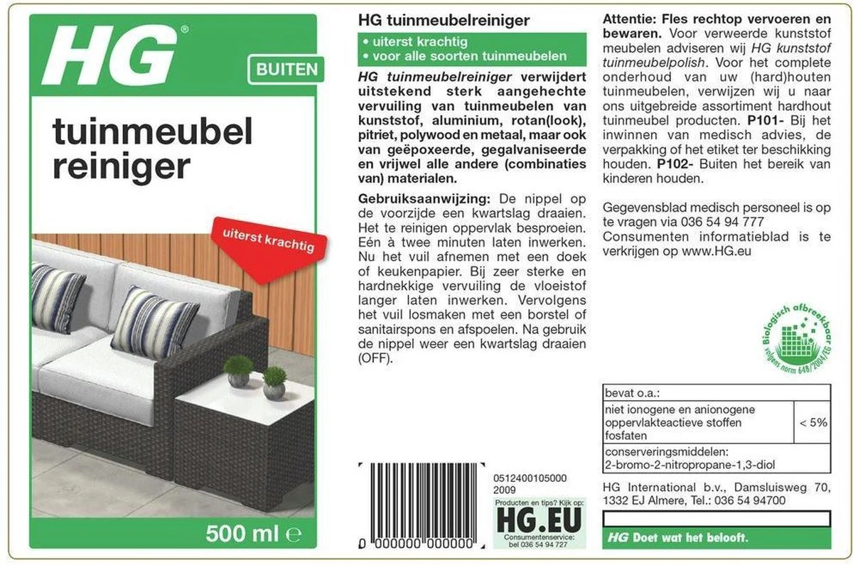 HG Tuinmeubelreiniger - 500ml - Voor Alle Soorten Tuinmeubelen - Uiterst Krachtig 2 HG Tuinmeubelreiniger - 500ml - Voor Alle Soorten Tuinmeubelen - Uiterst Krachtig - Afbeelding 2