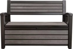 Keter - Hudson Bench Box - 2-zits Bank - Opbergbox - Hout Look & Feel - 227L - 138x63x89cm - Antraciet -Fijne Tuinmeubelwinkel 1200x822