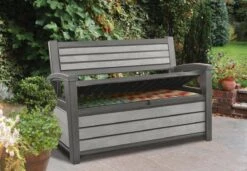 Keter - Hudson Bench Box - 2-zits Bank - Opbergbox - Hout Look & Feel - 227L - 138x63x89cm - Antraciet -Fijne Tuinmeubelwinkel 1200x832 1