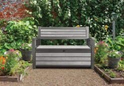 Keter - Hudson Bench Box - 2-zits Bank - Opbergbox - Hout Look & Feel - 227L - 138x63x89cm - Antraciet -Fijne Tuinmeubelwinkel 1200x841