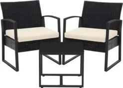 Songmics Tuinmeubelset, 3-delige Set, Van Polyrotan, Voor Outdoor, Terras, Balkon, Tuin, Eenvoudige Montage, Bijzettafel En 2 Stoelen, Zwart-beige