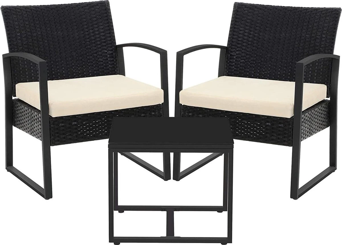 Songmics Tuinmeubelset, 3-delige Set, Van Polyrotan, Voor Outdoor, Terras, Balkon, Tuin, Eenvoudige Montage, Bijzettafel En 2 Stoelen, Zwart-beige 1 Songmics Tuinmeubelset, 3-delige Set, Van Polyrotan, Voor Outdoor, Terras, Balkon, Tuin, Eenvoudige Montage, Bijzettafel En 2 Stoelen, Zwart-beige