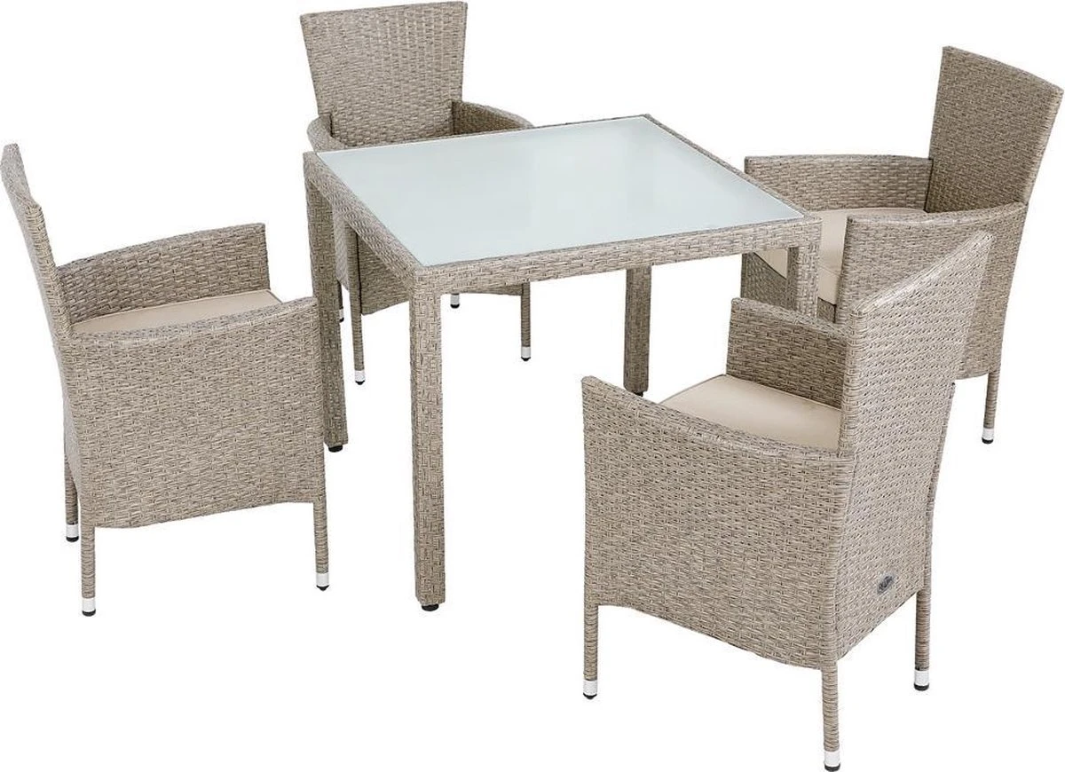 Casaria Polyrattan Tuinset - 4 Stoelen & Tafel 90x90 Cm - Beige Grijs 2 Casaria Polyrattan Tuinset - 4 Stoelen & Tafel 90x90 Cm - Beige Grijs - Afbeelding 2