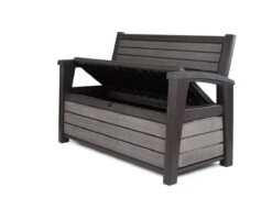 Keter - Hudson Bench Box - 2-zits Bank - Opbergbox - Hout Look & Feel - 227L - 138x63x89cm - Antraciet -Fijne Tuinmeubelwinkel 1200x873 1