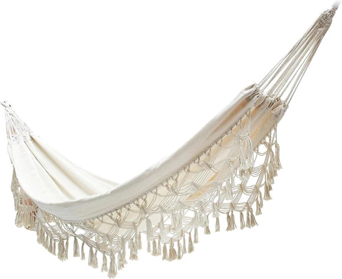 QUVIO Hangmat Voor In De Tuin - Tuinstoelen - Reishangmat Voor Camping, Outdoor En Reizen - Hamock - Katoen Ademend - Maximale Belasting Van 250KG - Lig Oppervlak Van 180 Cm - Geschikt Voor 1 Persoon - Beige 1 QUVIO Hangmat Voor In De Tuin - Tuinstoelen - Reishangmat Voor Camping, Outdoor En Reizen - Hamock - Katoen Ademend - Maximale Belasting Van 250KG - Lig Oppervlak Van 180 Cm - Geschikt Voor 1 Persoon - Beige